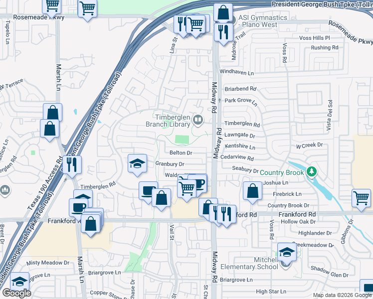 map of restaurants, bars, coffee shops, grocery stores, and more near 3912 Belton Drive in Dallas