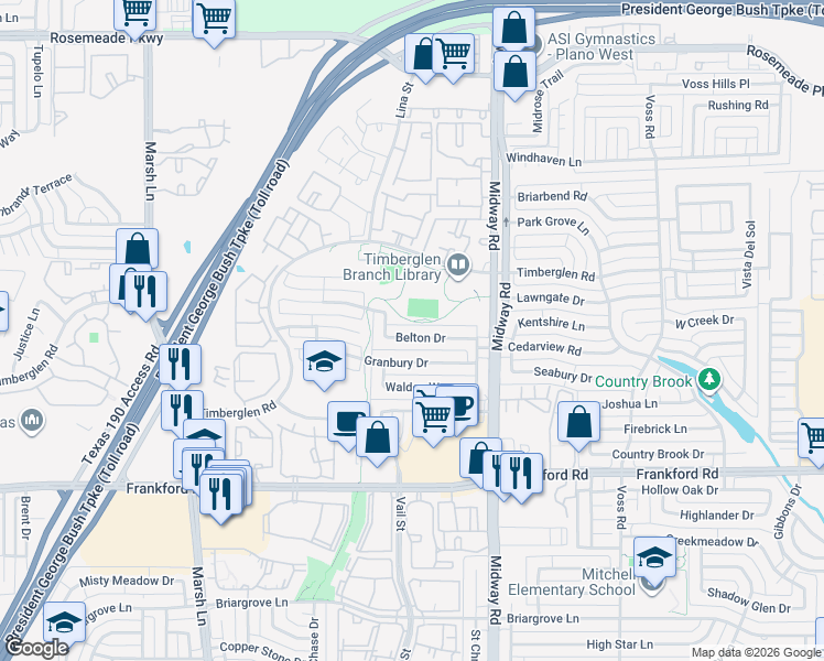 map of restaurants, bars, coffee shops, grocery stores, and more near 3836 Belton Drive in Dallas