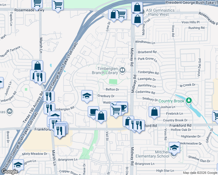 map of restaurants, bars, coffee shops, grocery stores, and more near 3836 Belton Drive in Dallas