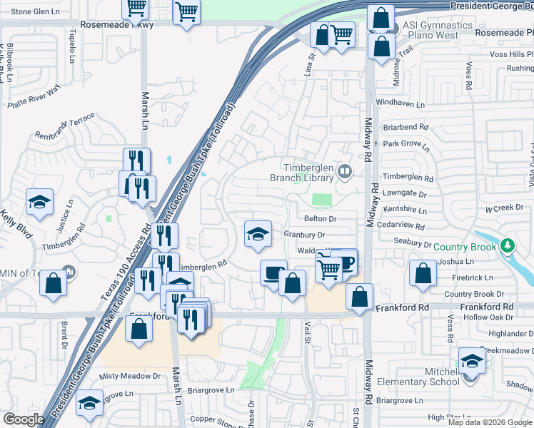 map of restaurants, bars, coffee shops, grocery stores, and more near 3704 Granbury Drive in Dallas