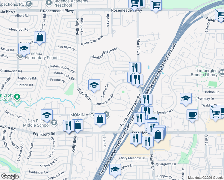 map of restaurants, bars, coffee shops, grocery stores, and more near 123 Timberglen Road in Dallas