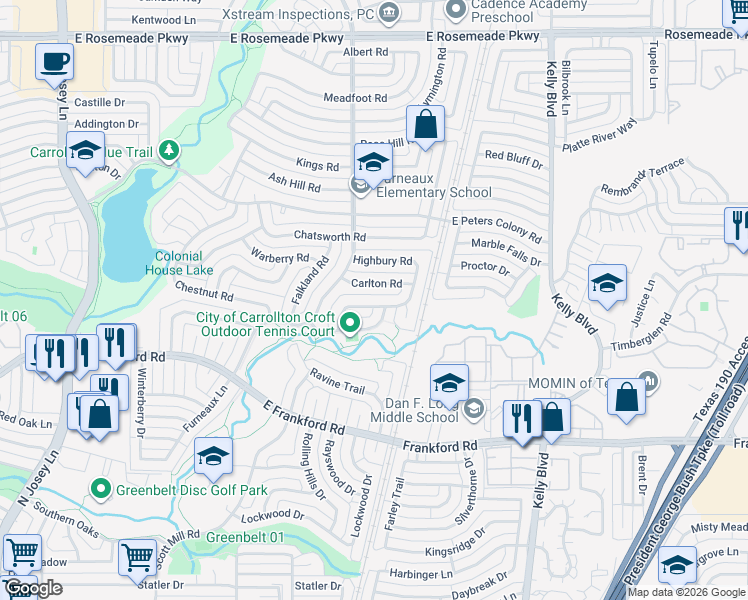 map of restaurants, bars, coffee shops, grocery stores, and more near 2116 Croft Road in Carrollton