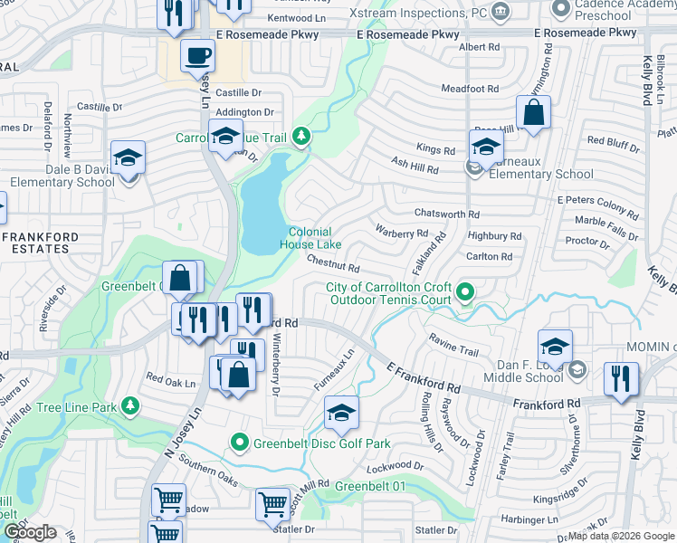 map of restaurants, bars, coffee shops, grocery stores, and more near 2037 Christie Lane in Carrollton