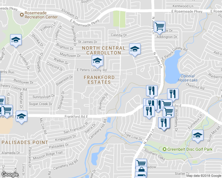 map of restaurants, bars, coffee shops, grocery stores, and more near 3100 Delaford Drive in Carrollton