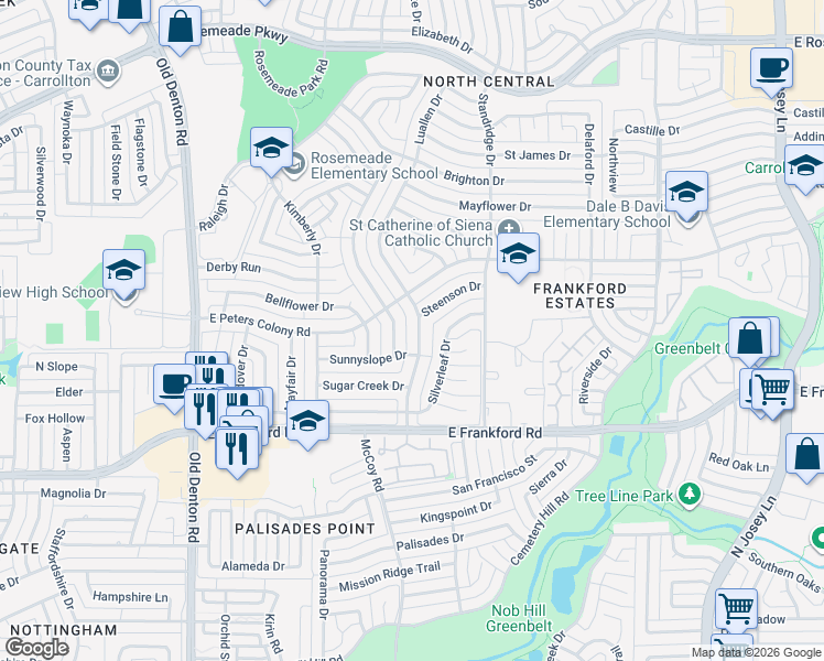 map of restaurants, bars, coffee shops, grocery stores, and more near 3123 Luallen Drive in Carrollton