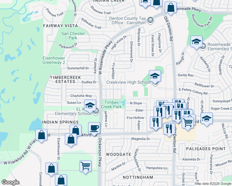 map of restaurants, bars, coffee shops, grocery stores, and more near 3200 Hillpark Lane in Carrollton