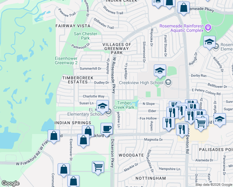map of restaurants, bars, coffee shops, grocery stores, and more near 3201 Willow Ridge Trail in Carrollton