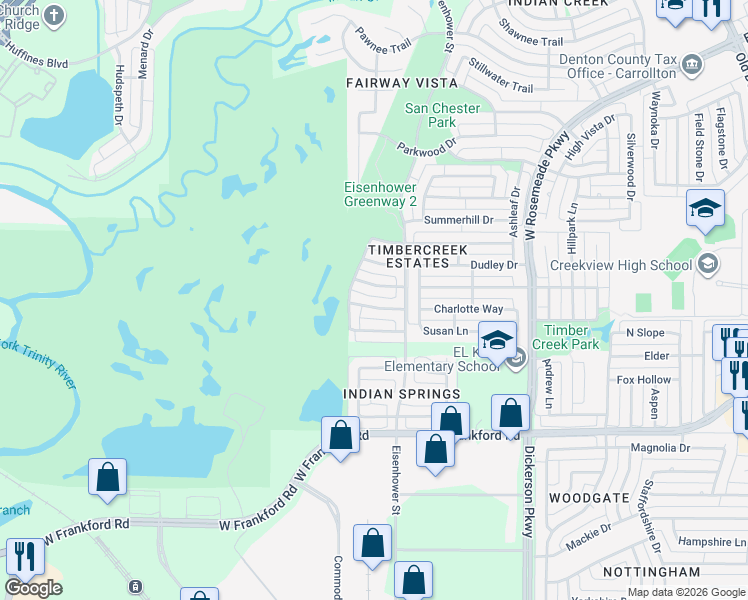 map of restaurants, bars, coffee shops, grocery stores, and more near 1525 Broken Bow Trail in Carrollton