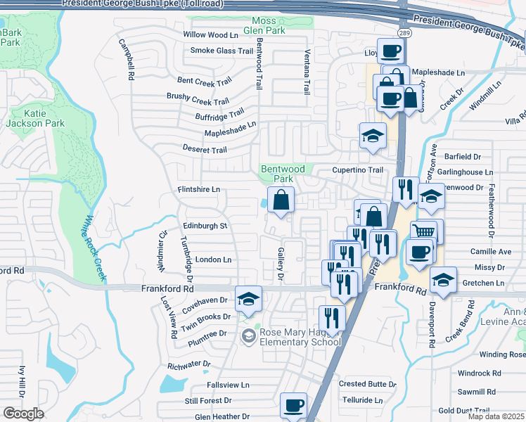 map of restaurants, bars, coffee shops, grocery stores, and more near 18333 Roehampton Drive in Dallas