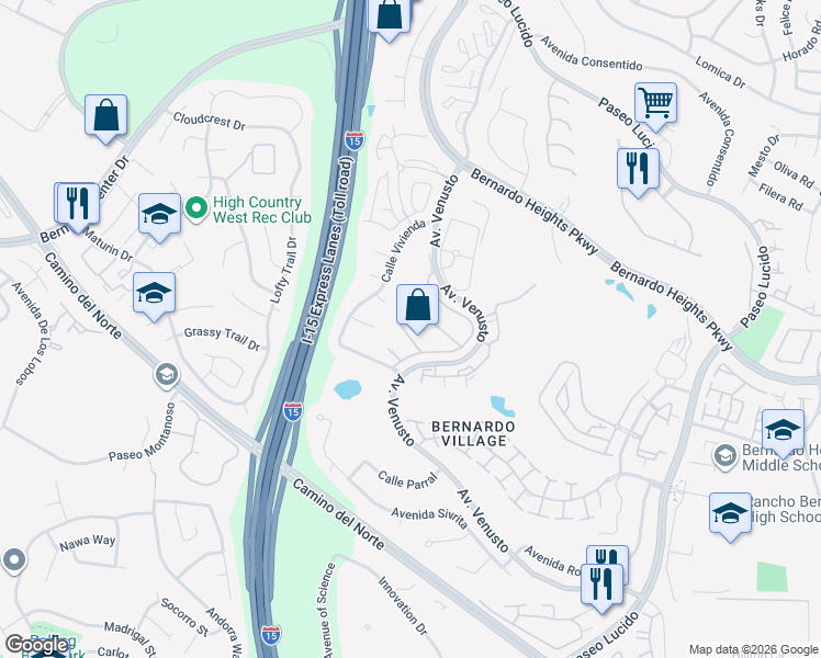 map of restaurants, bars, coffee shops, grocery stores, and more near 15751 Caminito Atico in San Diego