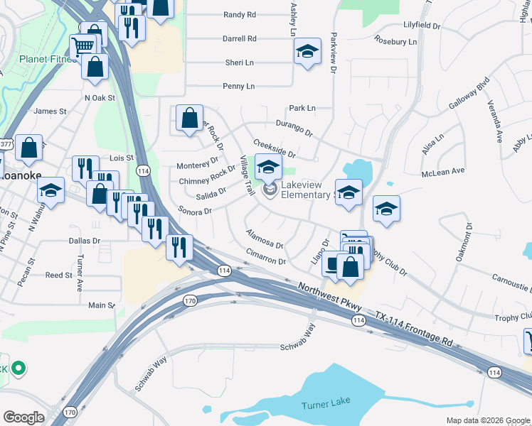 map of restaurants, bars, coffee shops, grocery stores, and more near 7 Chisos Court in Trophy Club