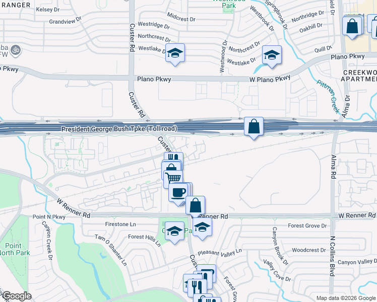 map of restaurants, bars, coffee shops, grocery stores, and more near 3650 Custer Parkway in Richardson