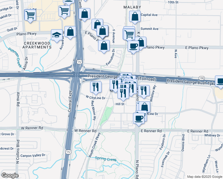 map of restaurants, bars, coffee shops, grocery stores, and more near 1300 President George Bush Turnpike in Richardson