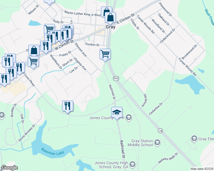 map of restaurants, bars, coffee shops, grocery stores, and more near 201 Virginia Avenue in Gray