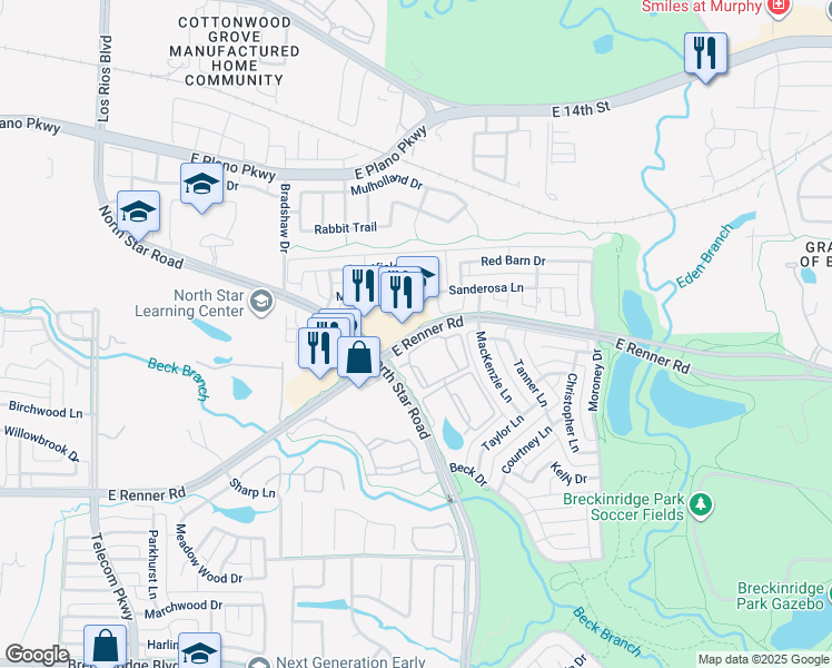 map of restaurants, bars, coffee shops, grocery stores, and more near 4250 East Renner Road in Richardson