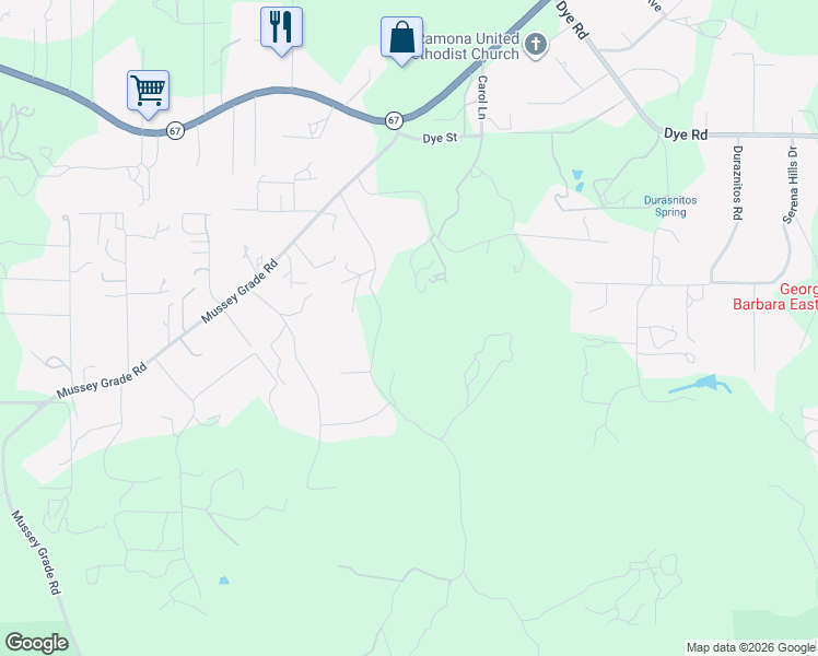 map of restaurants, bars, coffee shops, grocery stores, and more near 15677 Oak Valley Road in Ramona
