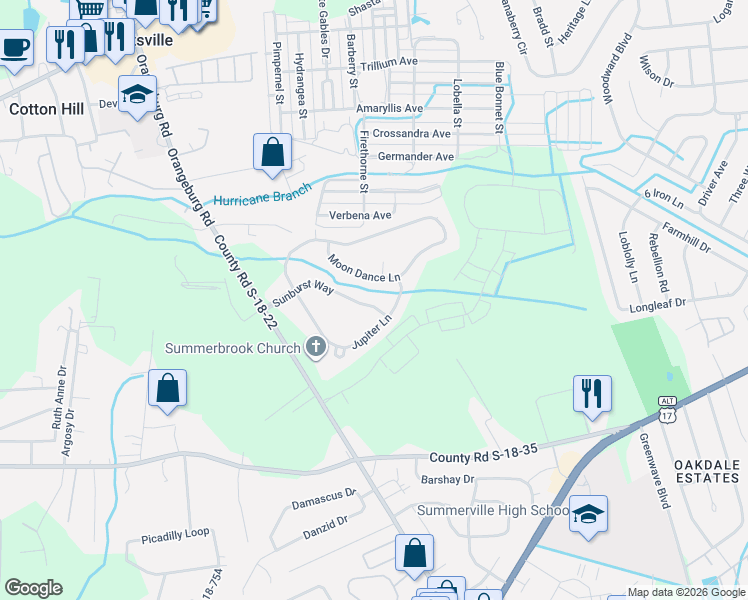 map of restaurants, bars, coffee shops, grocery stores, and more near 331 Sunburst Way in Summerville