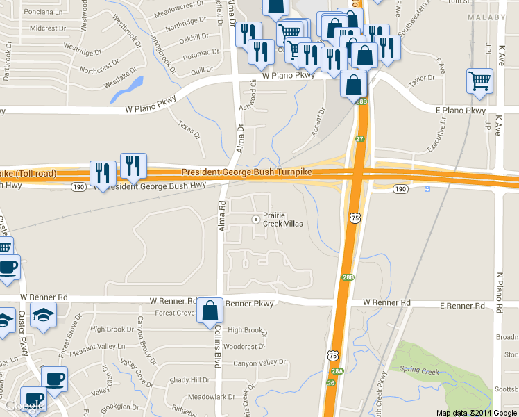 map of restaurants, bars, coffee shops, grocery stores, and more near in Richardson