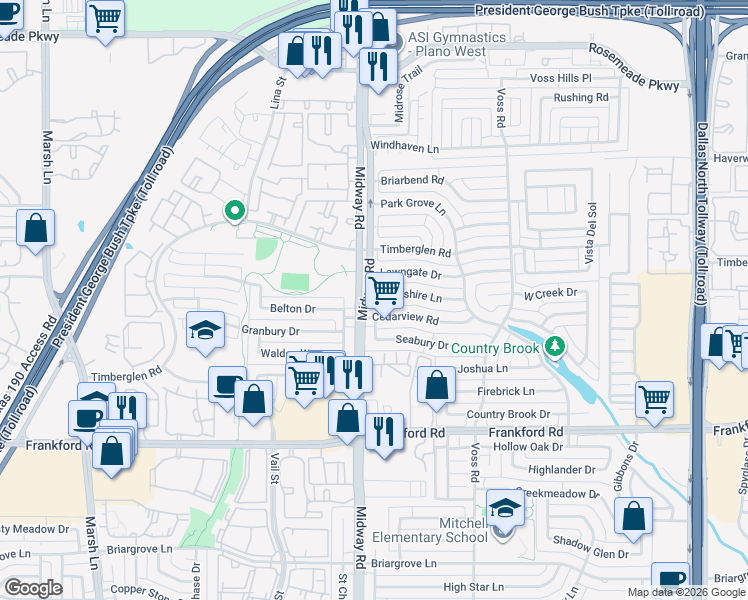 map of restaurants, bars, coffee shops, grocery stores, and more near 4004 Cedarview Road in Dallas