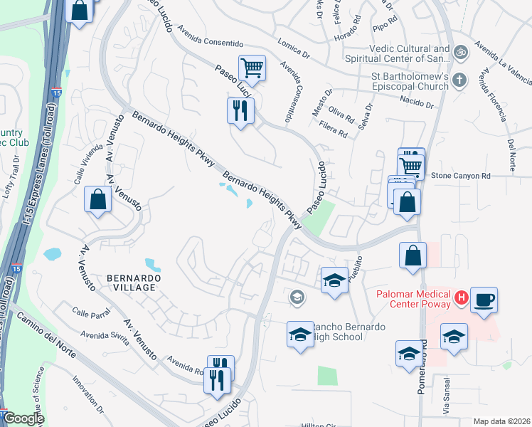map of restaurants, bars, coffee shops, grocery stores, and more near 12260 Corte Sabio in San Diego