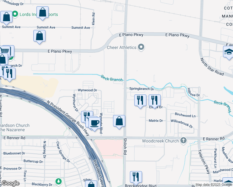 map of restaurants, bars, coffee shops, grocery stores, and more near 401 Shiloh Road in Plano