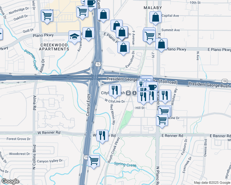 map of restaurants, bars, coffee shops, grocery stores, and more near 120 West CityLine Drive in Richardson
