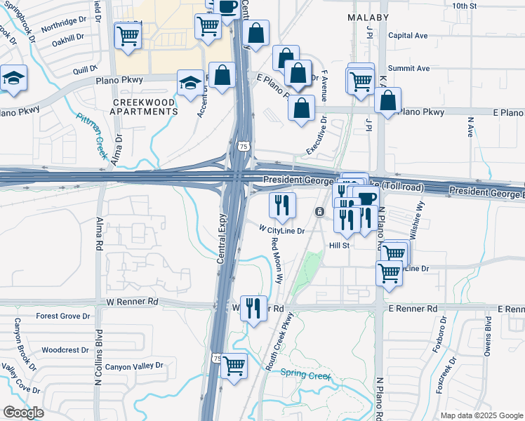 map of restaurants, bars, coffee shops, grocery stores, and more near in Richardson