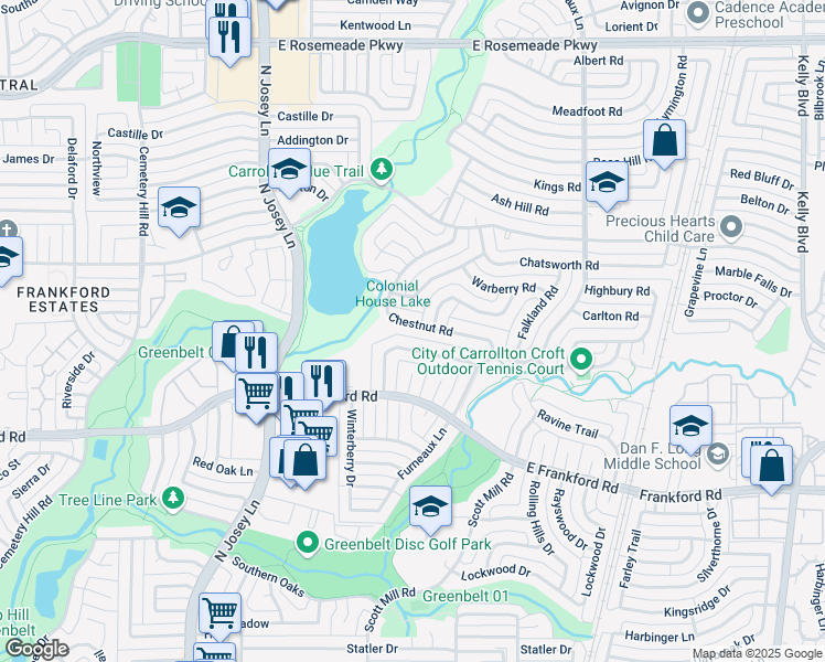 map of restaurants, bars, coffee shops, grocery stores, and more near 2037 Christie Lane in Carrollton