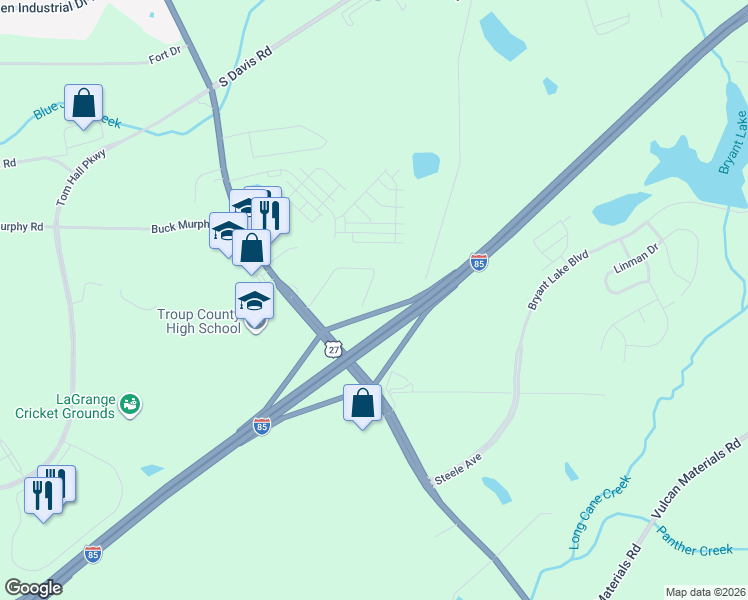 map of restaurants, bars, coffee shops, grocery stores, and more near 121 Willis Circle in LaGrange