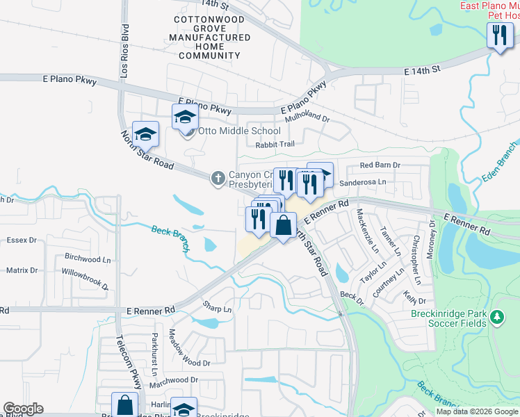 map of restaurants, bars, coffee shops, grocery stores, and more near 4008 Kyndra Circle in Richardson