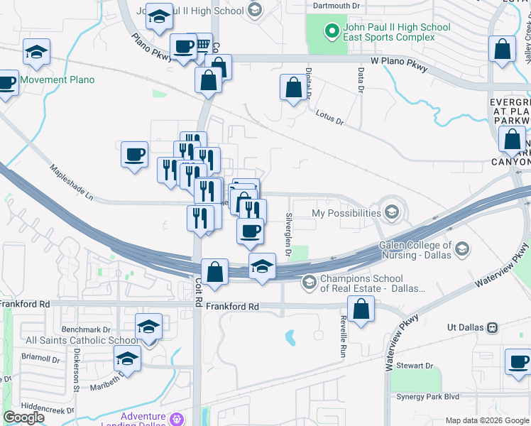 map of restaurants, bars, coffee shops, grocery stores, and more near 3700 Mapleshade Lane in Plano