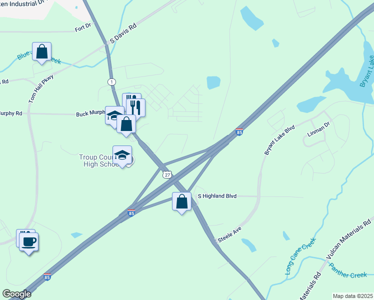 map of restaurants, bars, coffee shops, grocery stores, and more near 143 Willis Circle in LaGrange