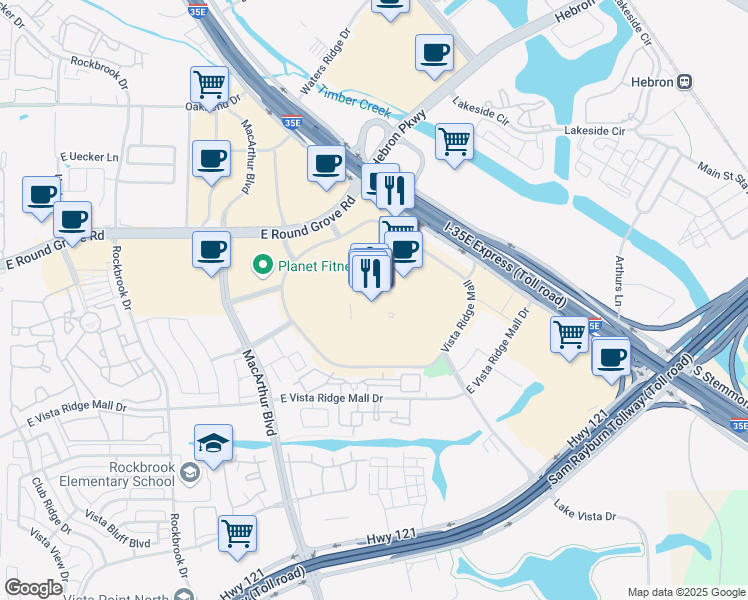 map of restaurants, bars, coffee shops, grocery stores, and more near 2401 South Stemmons Freeway in Lewisville