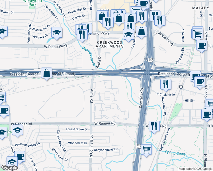 map of restaurants, bars, coffee shops, grocery stores, and more near in Richardson