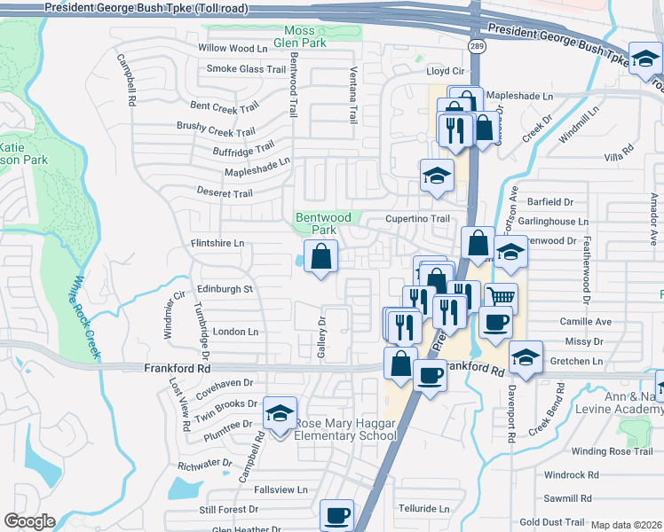 map of restaurants, bars, coffee shops, grocery stores, and more near 18424 Woodpond Place in Dallas