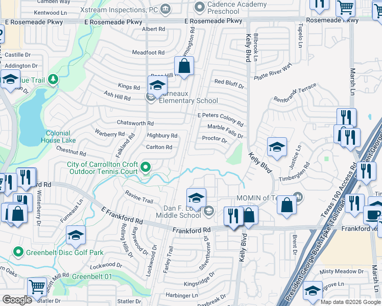 map of restaurants, bars, coffee shops, grocery stores, and more near 3148 Abbey Road in Carrollton