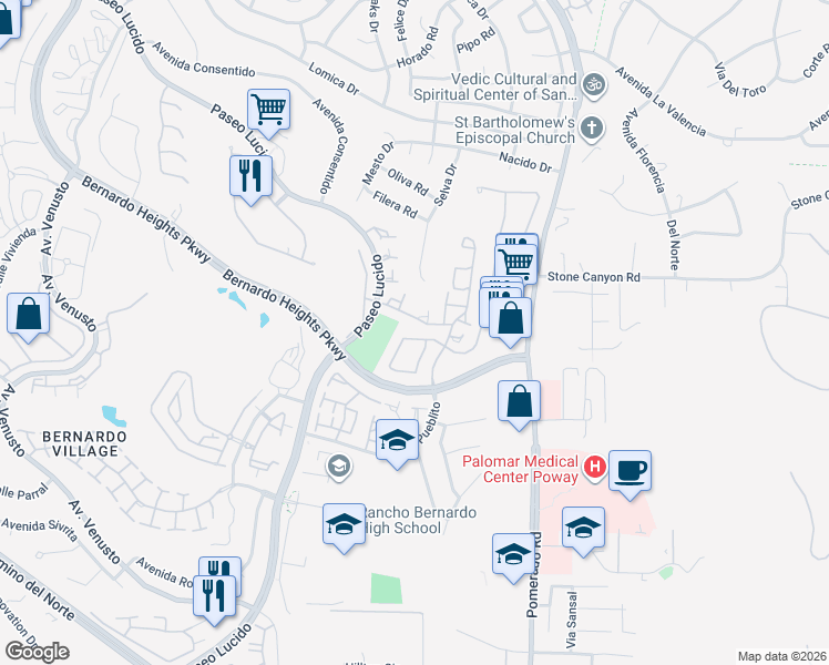 map of restaurants, bars, coffee shops, grocery stores, and more near 15722 Caminito La Torre in San Diego