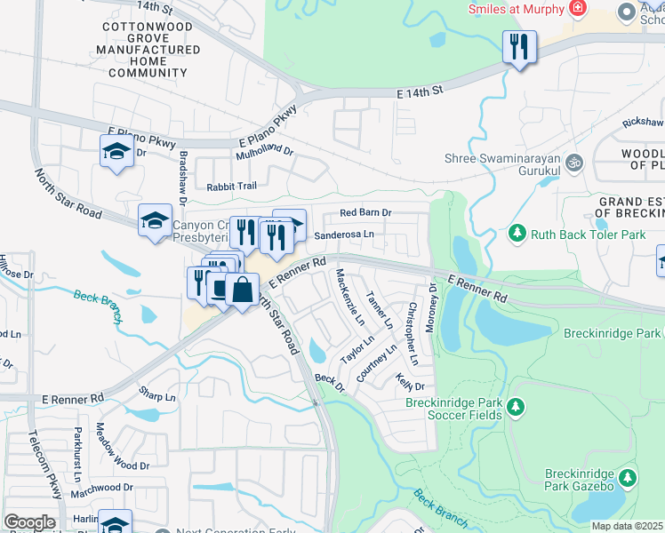 map of restaurants, bars, coffee shops, grocery stores, and more near 3631 Mackenzie Lane in Richardson