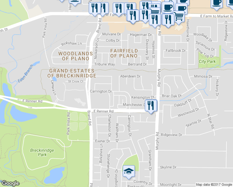 map of restaurants, bars, coffee shops, grocery stores, and more near 5603 Carrington Drive in Richardson
