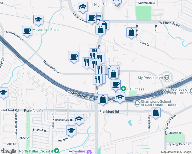 map of restaurants, bars, coffee shops, grocery stores, and more near in Plano