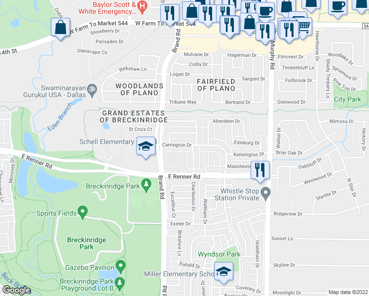 map of restaurants, bars, coffee shops, grocery stores, and more near 5409 Carrington Drive in Richardson
