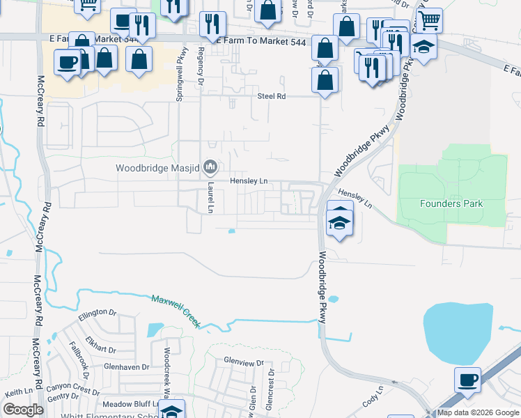 map of restaurants, bars, coffee shops, grocery stores, and more near 2726 Exchange Street in Wylie