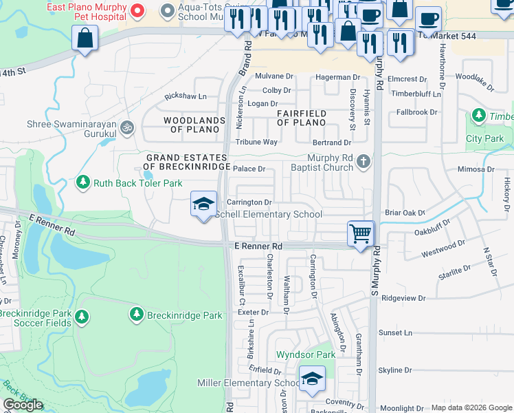 map of restaurants, bars, coffee shops, grocery stores, and more near 5409 Carrington Drive in Richardson