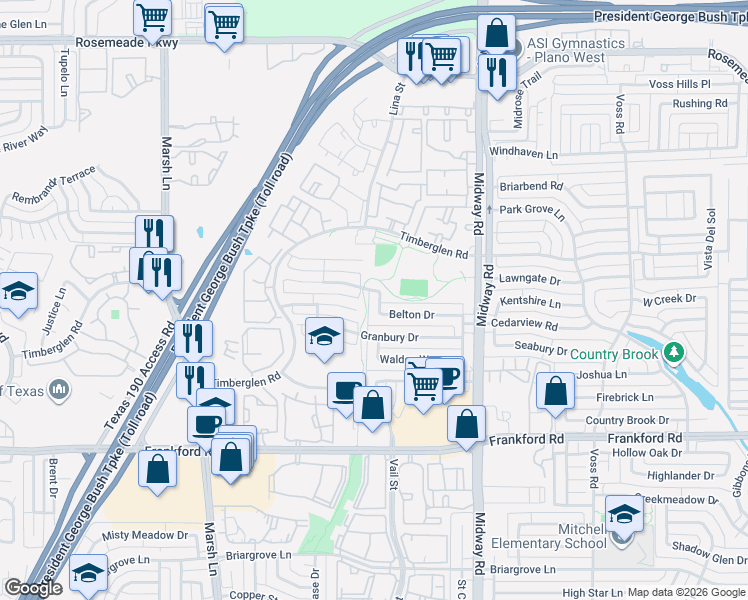 map of restaurants, bars, coffee shops, grocery stores, and more near 3741 White River Drive in Dallas