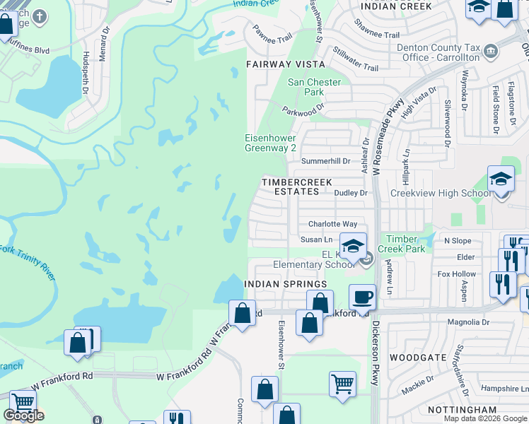 map of restaurants, bars, coffee shops, grocery stores, and more near 1524 Blue Mesa Road in Carrollton