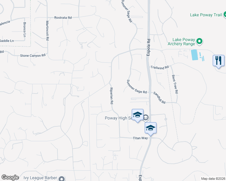 map of restaurants, bars, coffee shops, grocery stores, and more near 15851 Riparian Road in Poway