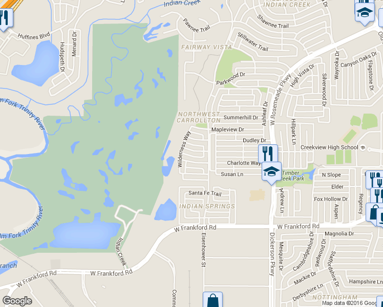 map of restaurants, bars, coffee shops, grocery stores, and more near 1524 Blue Mesa Road in Carrollton
