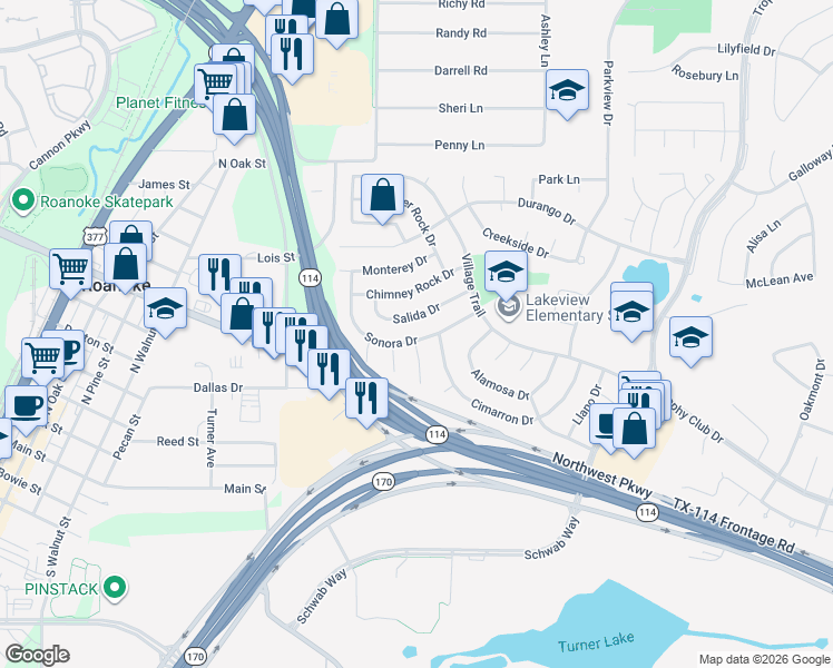 map of restaurants, bars, coffee shops, grocery stores, and more near 22 Sonora Drive in Roanoke
