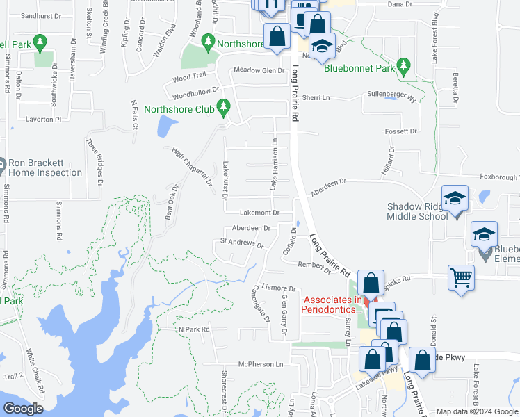 map of restaurants, bars, coffee shops, grocery stores, and more near 2808 Lakemont Drive in Flower Mound