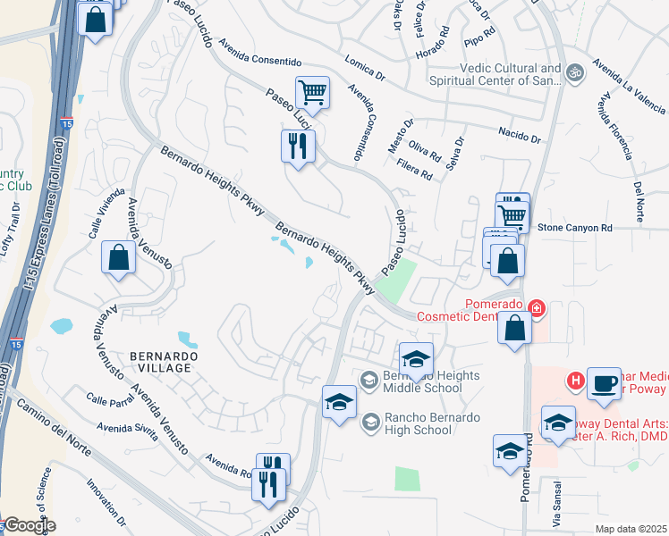 map of restaurants, bars, coffee shops, grocery stores, and more near 12270 Corte Sabio in San Diego